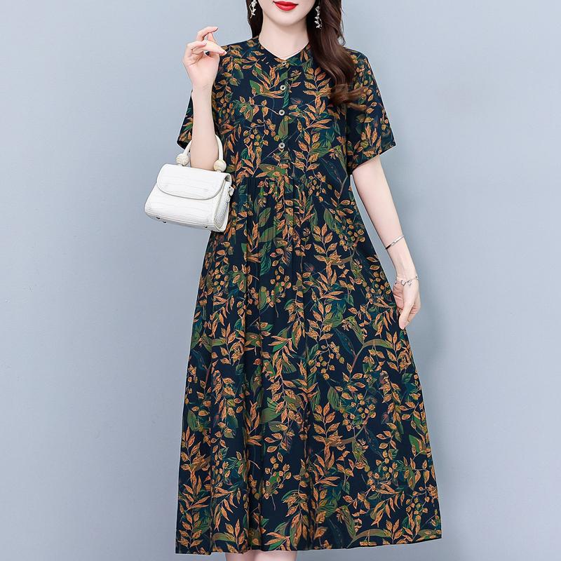 

Літня вінтажна довга сукня з принтом для жінок, літня повсякденна жіноча сукня з коротким рукавом і великим розміром 2XL