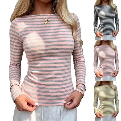 T-shirt rayé à manches longues pour femme Col rond Coupe ajustée Haut basique décontracté Tissu doux extensible Convient pour un usage quotidien et à superposer