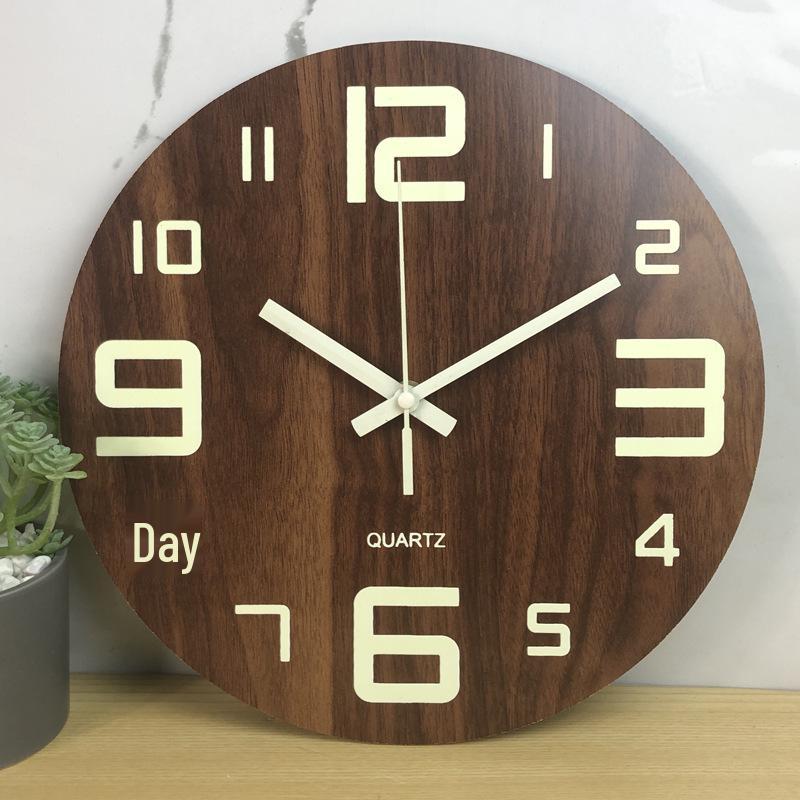 Silent Luminous MDF Wood Wall Clock with Fluorescent Wood Grain Finish