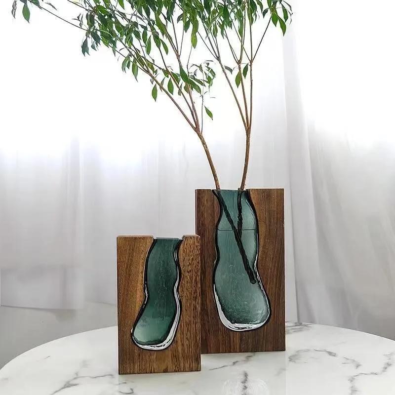Solid Wood Transparent Glass Vase for Home Decor Crystal Flower Vase Modern Centerpiece for Living Room/Hotel Lobby Decoration