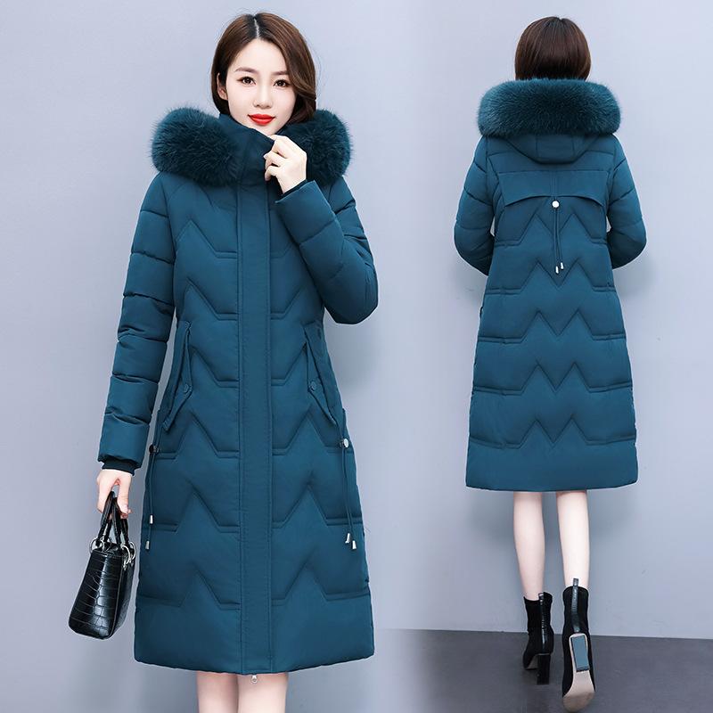 Middle-aged and elderly, big fur collar, hooded cotton-padded clothes for women, long over-knee thickened warm cotton-padded jackets, middle-aged mo