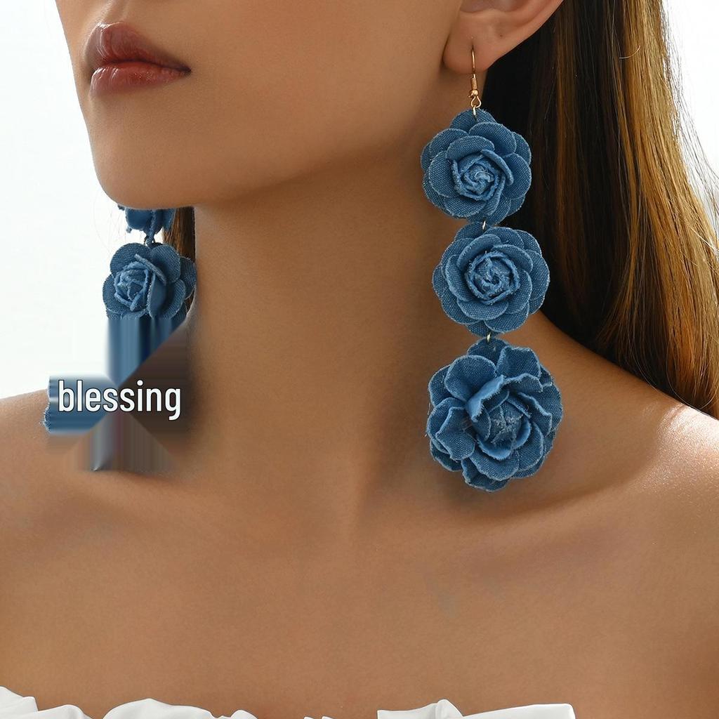 European & American Handmade Denim Rose Tassel Earrings - Fashionable Long Dangle Design