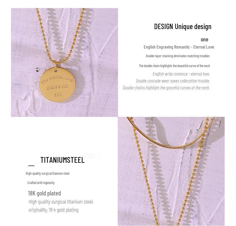 Versatile European American Temperament Hoodie Necklace: English Letter Pendant Double-Layer Gold-Plated Titanium Steel Chain.
