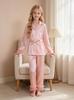 Mädchen Satin Pyjama Set Rosa Revers Langarm Oberteil mit Taillenband Rüschenbündchen Lange Hose Weiche Loungewear Nachtwäsche für Teenager 8-12 Jahre