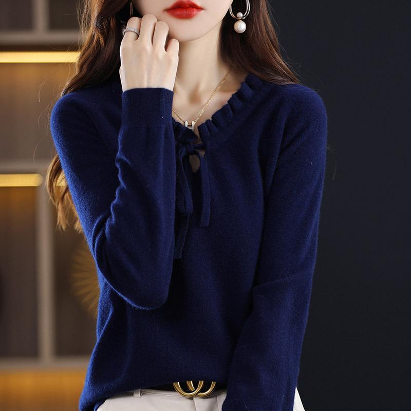 

Autumn/Winter Cashmere V-Neck Ruffle Sweater: Women s Loose Fit, Tie-Bottom Pullover, Plus Size Double Extra Large