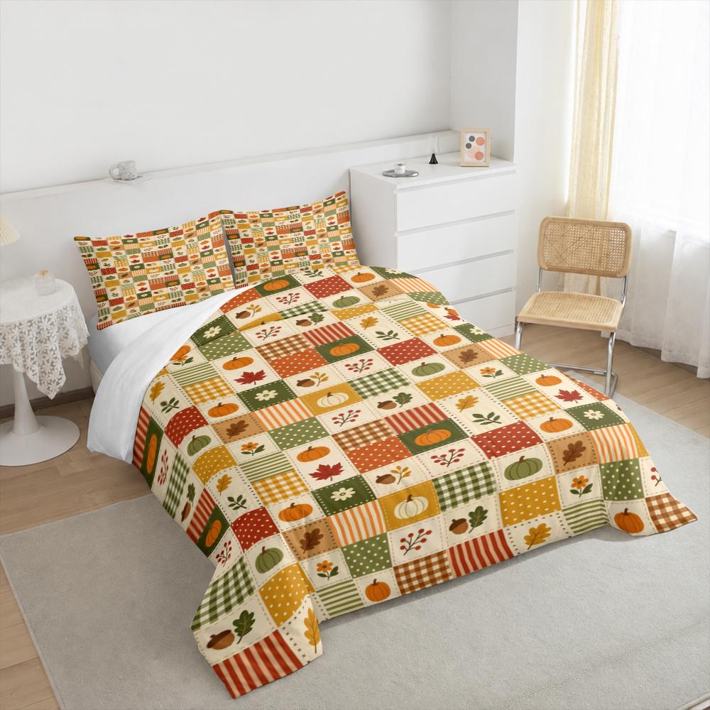 Autumn Patchwork Design Bedding set with Pumpkins Bedding set (1 duvet cover, 2 pillowcases, duvet not included).