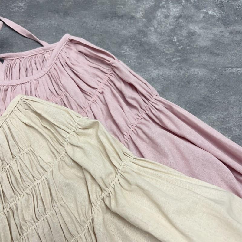 Johnature Japanese Lace-up Women Dress Spring Summer Loose Pleated Tie Versatile Casual Dresses