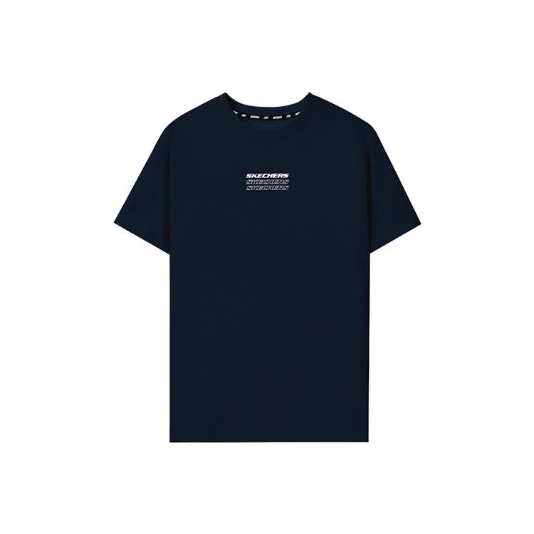 Skechers Simple Versatile Printed Color Block Round Neck Breathable Short Sleeve T-Shirt Unisex Tops Nautical-Blue L224U183-002U XS