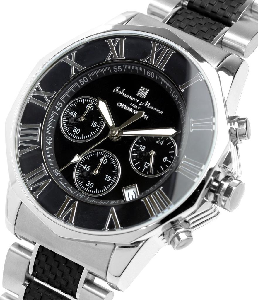 [Salvatore Marra] Relógio de pulso, Cronógrafo, Resistente à água 10 ATM, Negócios, Formal, Marca italiana, Edição limitada, Masculino, SM15104 (Prata x Preto)