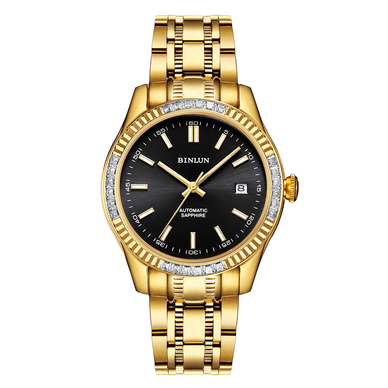 

Мужские часы BINLUN из нержавеющей стали с индикацией даты, Золотые, Механические, Автоматические, Водонепроницаемые, Стильные, Повседневные, Деловые, Джентльменские, Популярные, Стальные, Черные,