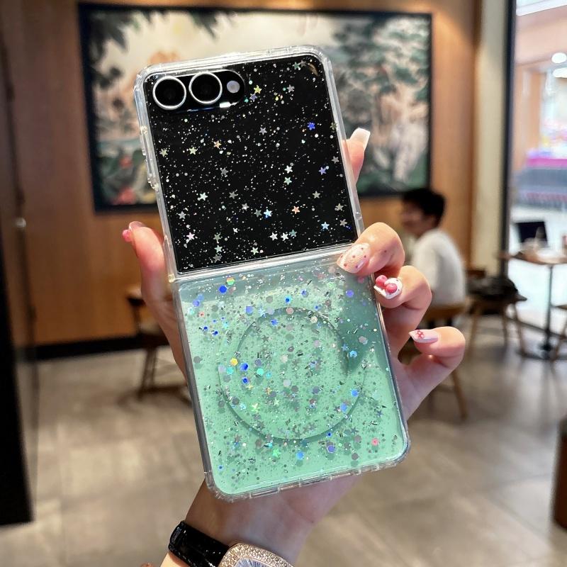Glitter Gradient Transparent Magnetic Phone Case for Samsung Galaxy Z Flip 7 FE 6 5 4 3 for Magsafe Wireless Charge Cover