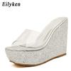 Fashion Eilyken PVC Transparent Lady's Slipper Platform Heel Slides Open-Toe Wedge Slipper Shoes Zapatillas De Mujer