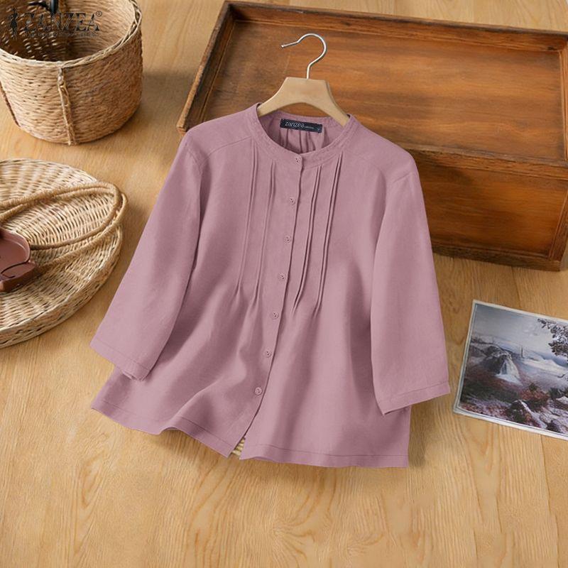 ZANZEA Women Casual Round Neck 3/4 Sleeve Loose Blouse