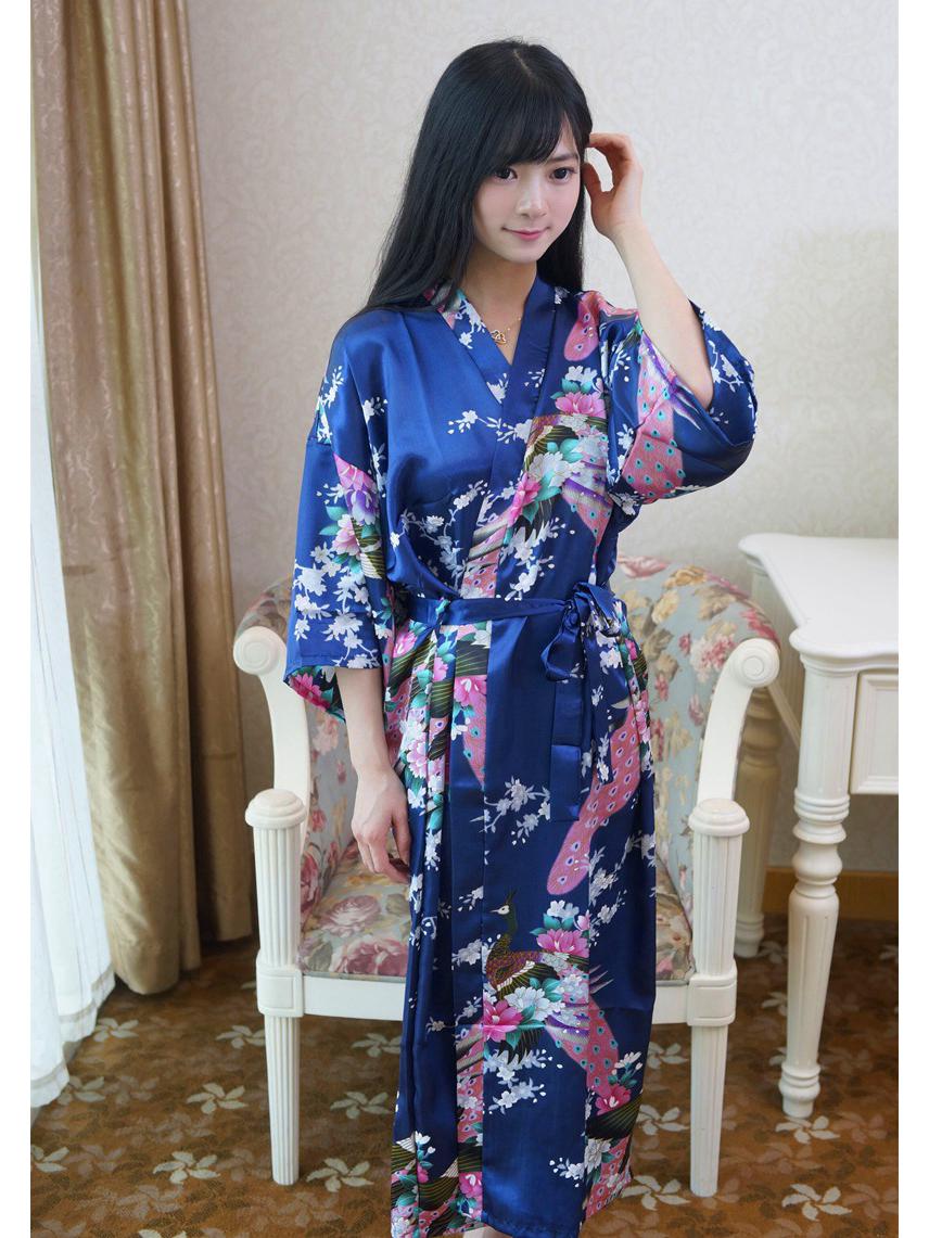 Damen Übergröße Pfau Tang Anzug Seiden-Ausgabe Bademantel Pyjama One Size navy blau