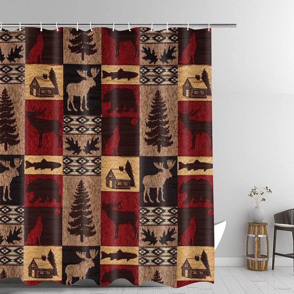 Rustic Patchwork Shower Curtain, Bear Moose Deer Tree Woodland Wild Animal Retro Country Cabin Farmhouse Fabric Shower Curtains for Bathroom,