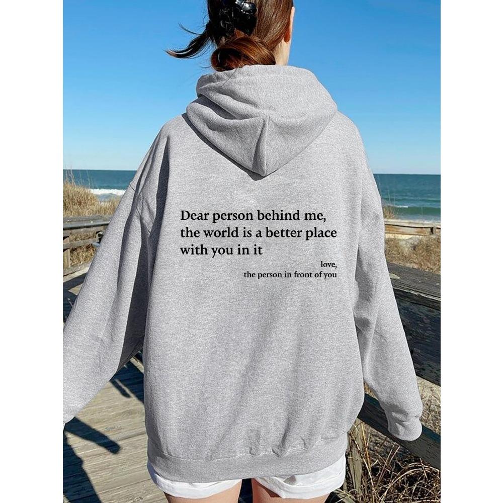 Women'S Shoulder Sleeve Fleece Sweater Plain Letter Print Kangaroo Pocket Drawstring Print Hoodie