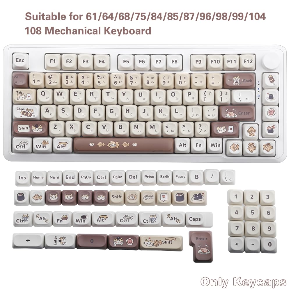 Teclas PBT Tema Gato Sushi Japonês 5 Lados Dye Sublimation para AULA e Teclado Mecânico MX Switch Conjunto de 134 Teclas - Teclado F75/F99/S98/K668/S-K80,