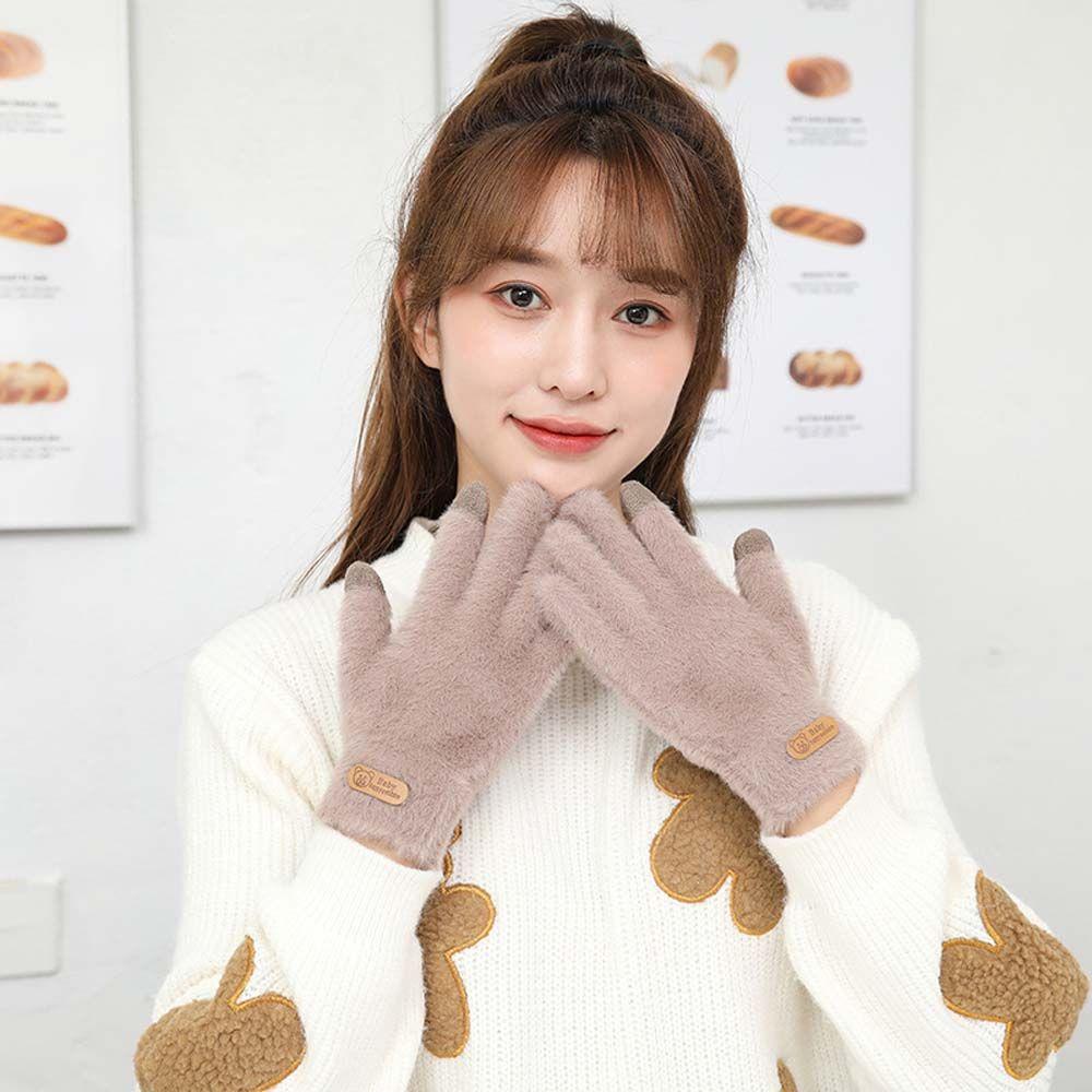 

Вязаные женские перчатки из искусственной норки с медведем, перчатки для вождения, женские перчатки хаки