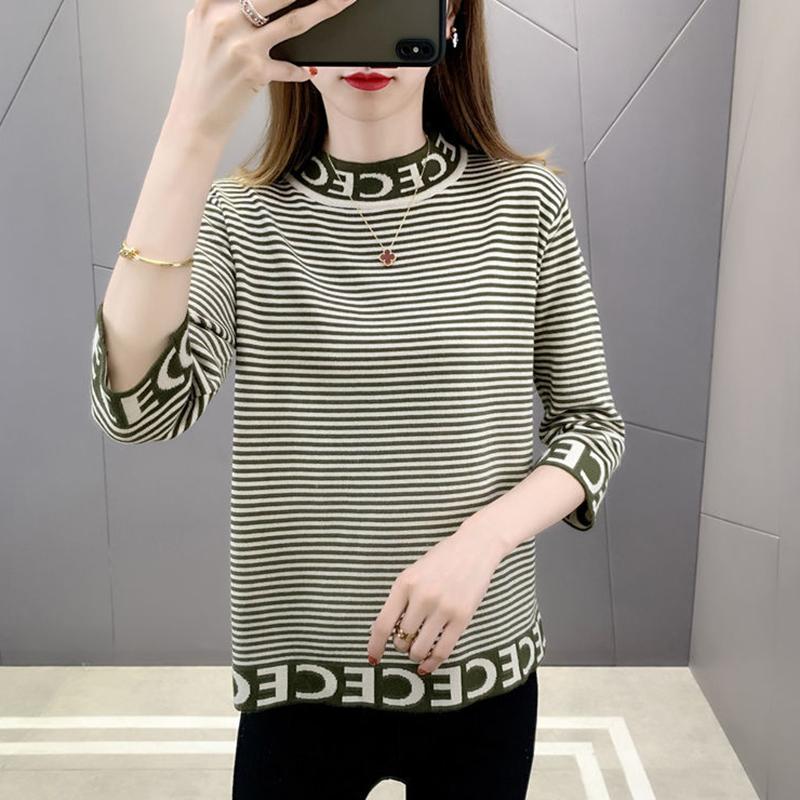 Slim Three-quarter Sleeve Mercerized Cotton Letter Half Turtleneck Sweater T-shirt Top for Women Spring and Autumn Korean