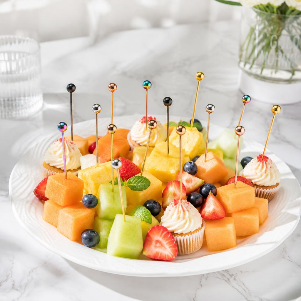 304 Stainless Steel Fruit Picks Cocktail Sticks Dessert Decoration Appetizer Skewers Party Serving Accessories with Pointed End and Round Handle