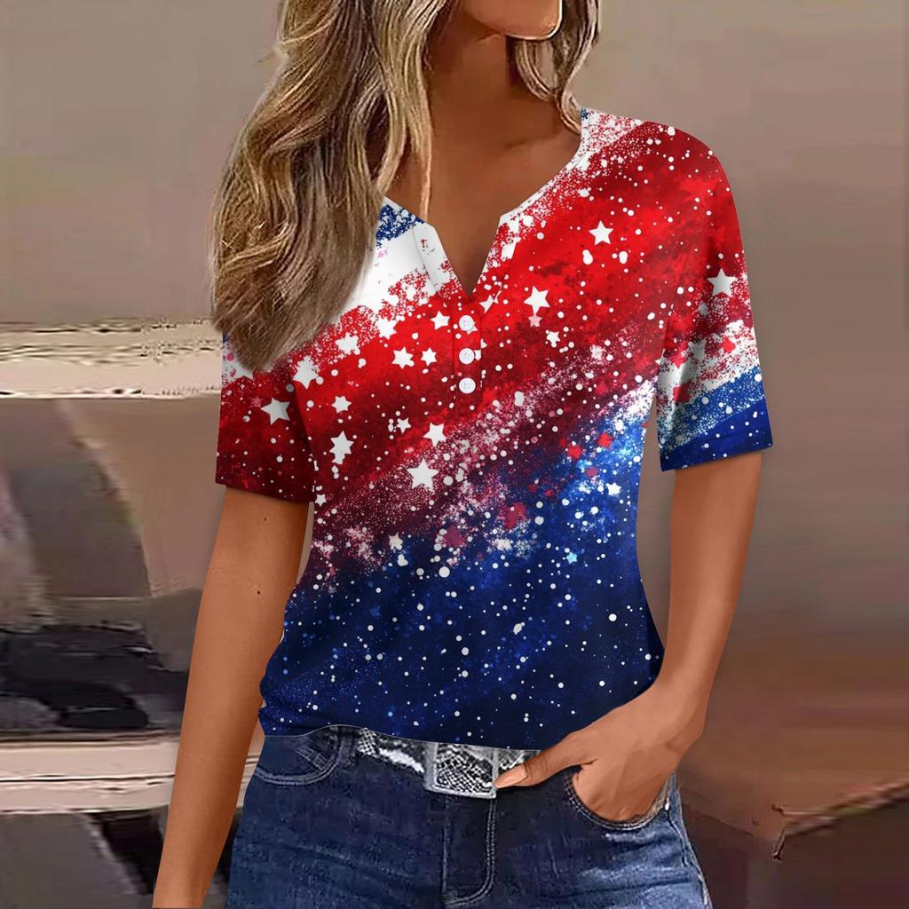 Women's Fashion Casual Independence Day Print V-neck Short Sleeve Decorated Button T-shirt Top