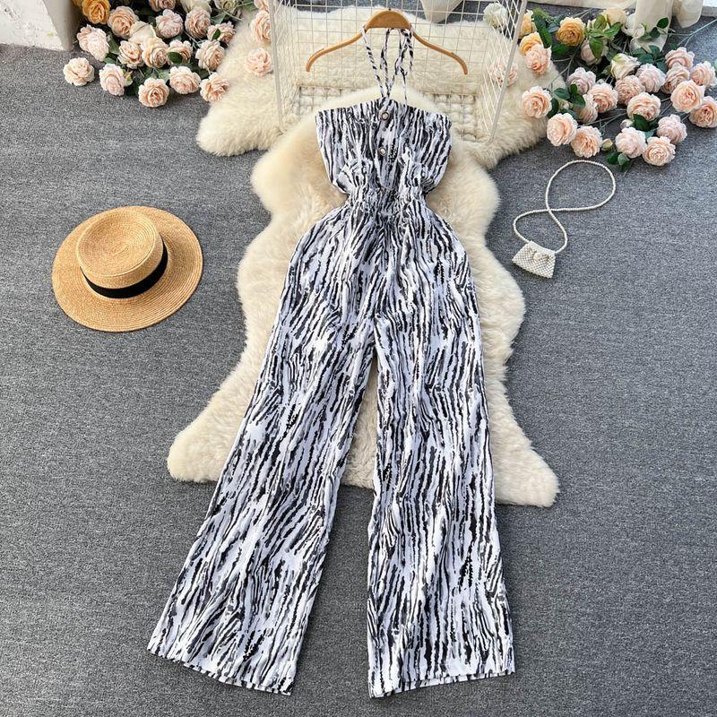 Spring and Summer New Holiday Travel Hot Street Tie-Dye Sling Fashion Chiffon Drape Halter Wide Leg One-Piece Long Pants