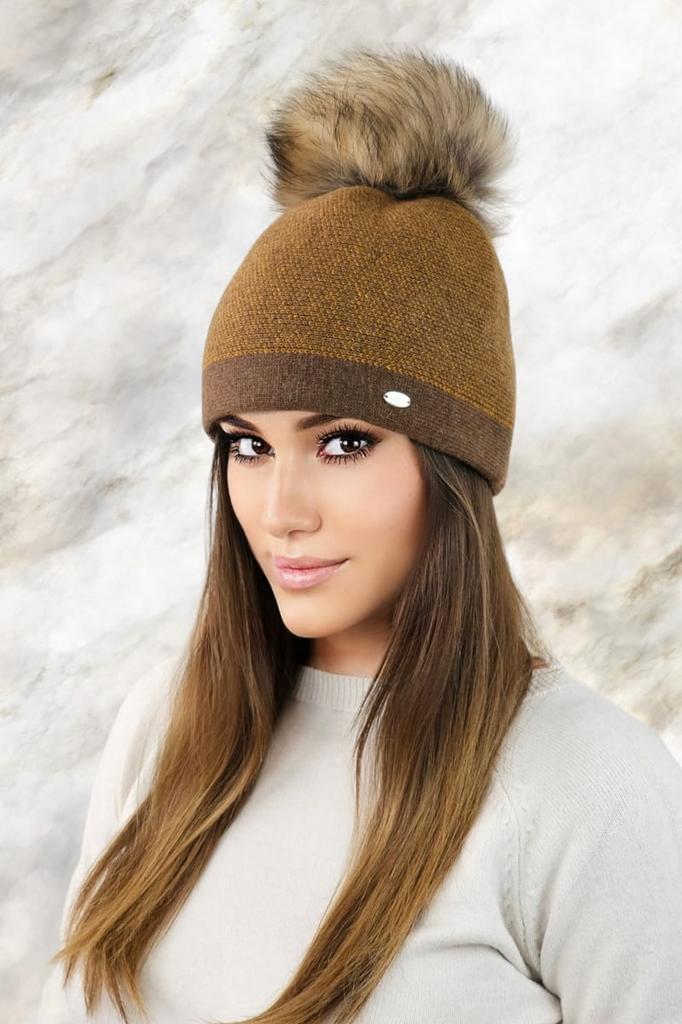 Aloe Warm Pepita Hat with Natural Pompom Trim, Caramel Color