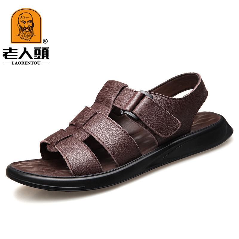 

Пожилой человек голова кожаные сандалии 2025 лето новые мужские пляжные туфли повседневные сандалии из первого слоя коровьей кожи хорошего качества 44 коричневый