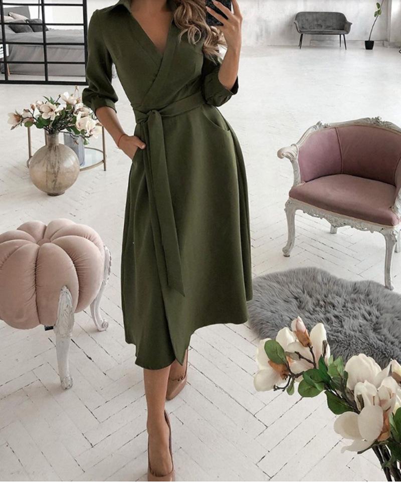 Women's Spring/Summer Fashion V-Neck Long-Sleeve Printed Hip Dress