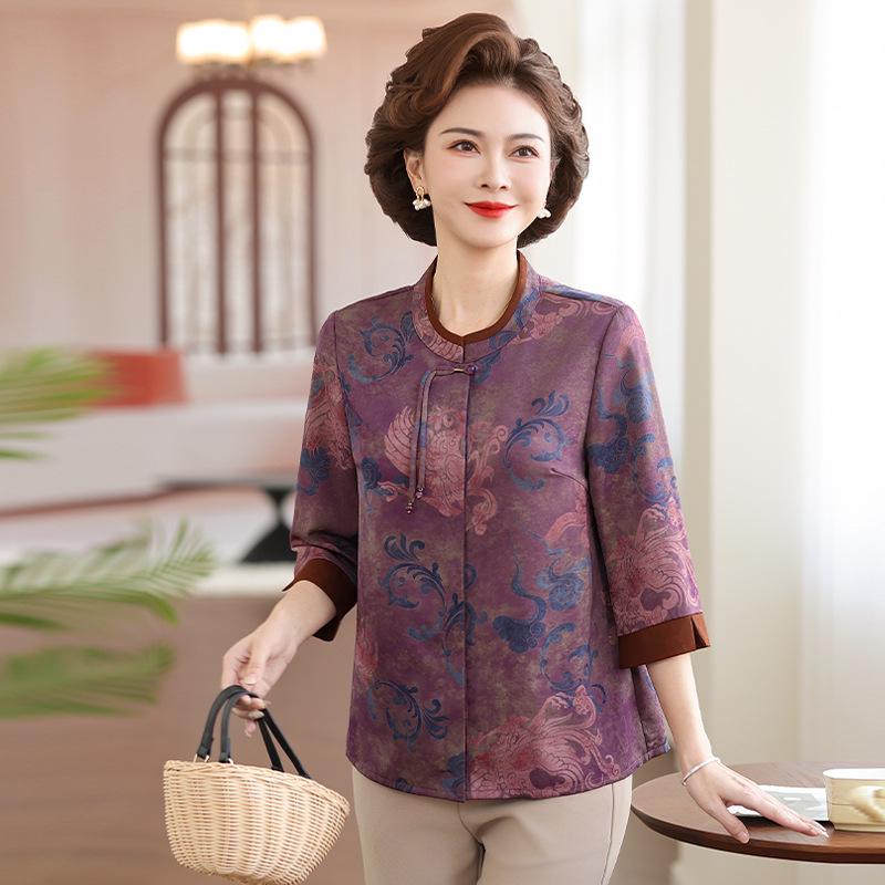 Chinese Style Summer Loose Three-Quarter Sleeve Shirt for Middle-Aged and Elderly Women