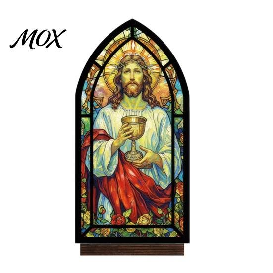 Vintage Church Window Light Halloween Candle Holder, Gothic Stained Glass Style Solid Wood Base Stand Retro Spooky Candlestick, Tabletop Atmosphere