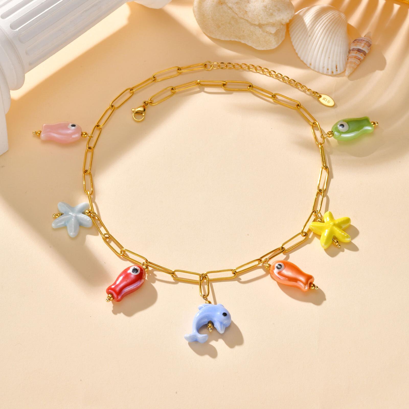 

Vnox Summer Ocean Style Necklace For Women,Stainless Steel Chain Colored Ceramic Starfish Conch Shell Accessories,Luxury Jewelry