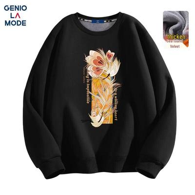 GENIOLAMODE Herren Fleece-gefüttertes Sweatshirt mit Kranich-Grafik, Rundhalsausschnitt
