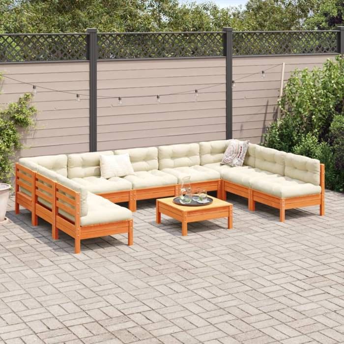 VidaXL Salon de jardin 10pcs avec coussins cire marron bois pin massif, ensemble de canapés d'extérieur, ensemble de canapés 3299600
