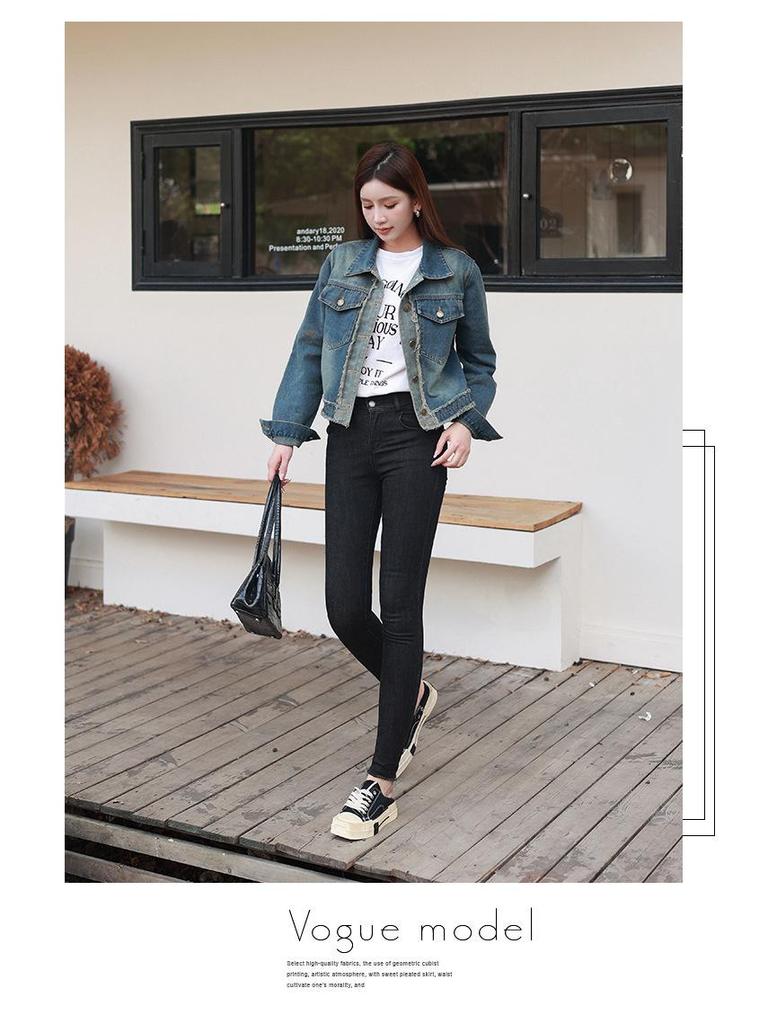 Women's Retro Short Denim Jacket with Polo Collar
