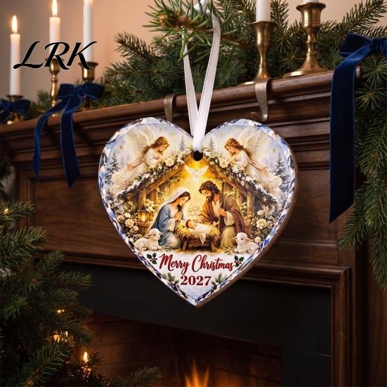 Christmas Fireplace Decorative Accents Wooden Nativity Hanging Ornament for Tree Decorations, Retro Religious Heart Shaped Pendants Scene Garland