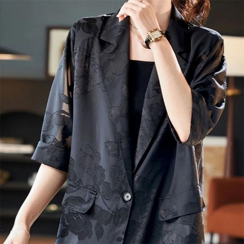 Women's Sunscreen Blazer Coat Summer Retro Jacquard Ladies Outerwear Appear Thin Mid Length Version Female Suit Jacket