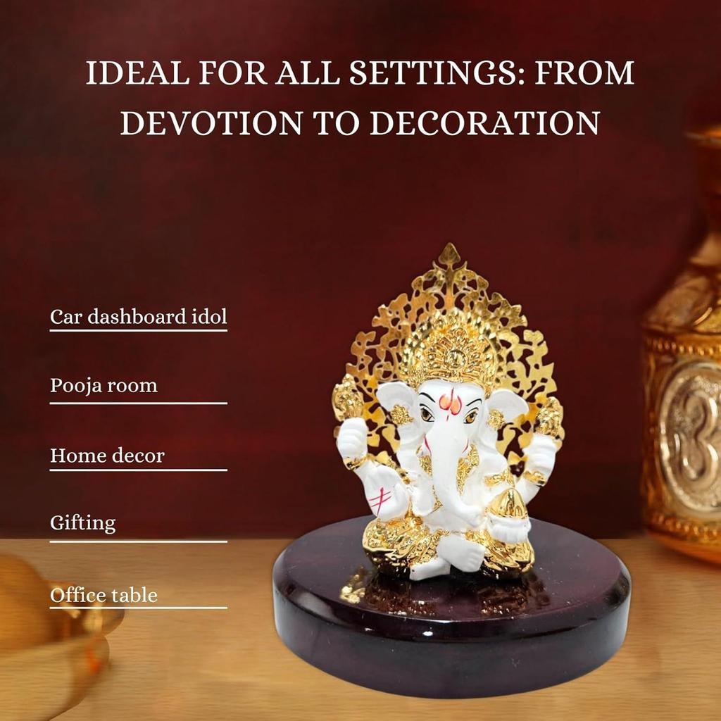 Kalpavrikshya Tree Ganesh Idol Ganpati Murti for Car Dashboard, Office Desk, Hindu God Gift & Home Decor - Resin (White)
