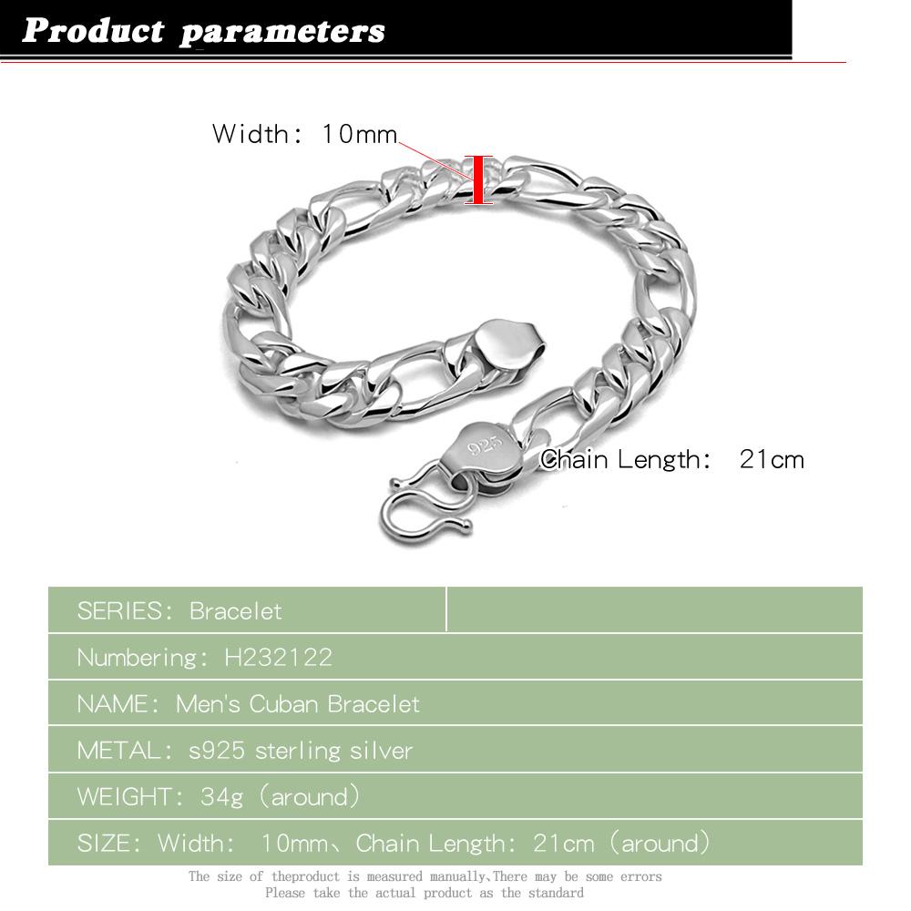 Fashion Men's 100% 925 Sterling Silver Link Chain Bracelet 8 Inches 8/10mm Male Simple Punk Hand Catenary Jewelry