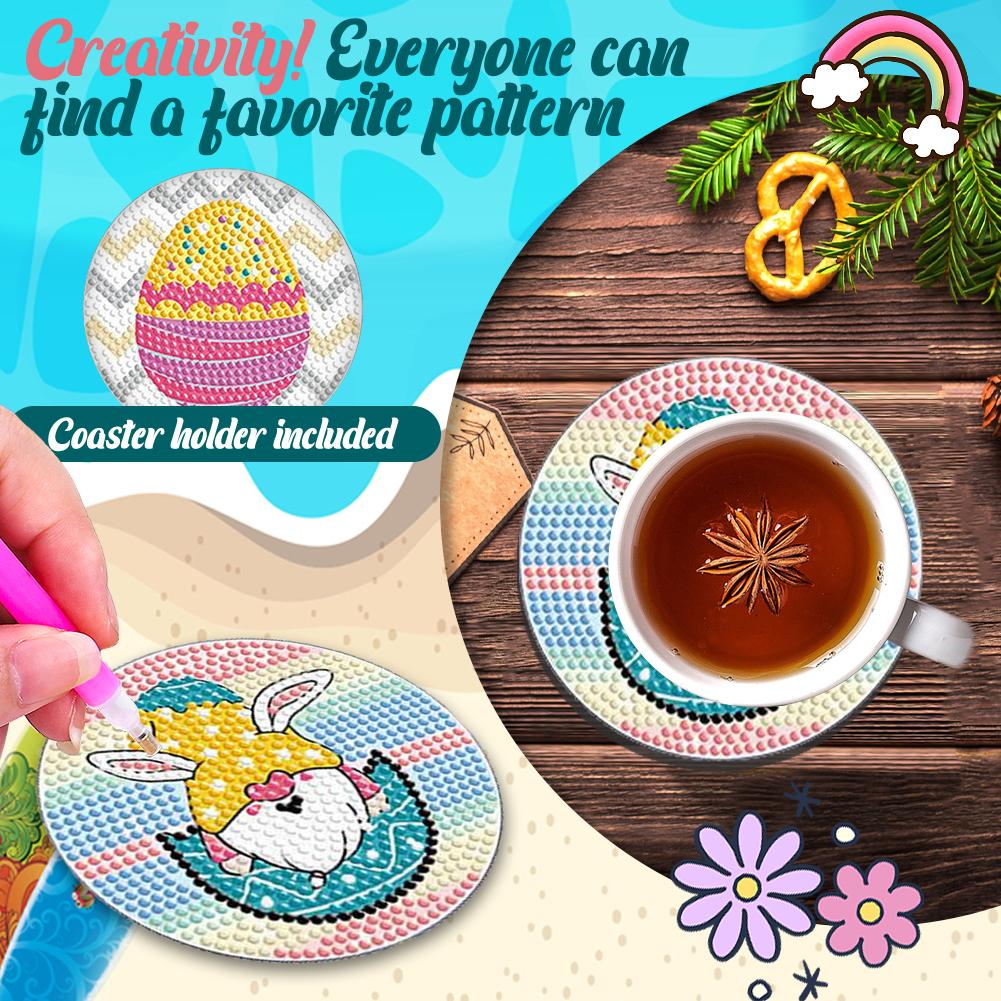 8PCS Full Drill Diamond Coaster Rainbow Gnome Round Diamond Painting Art Coaster Kit Pink Gnome Diamond Painting Crafts Coaster