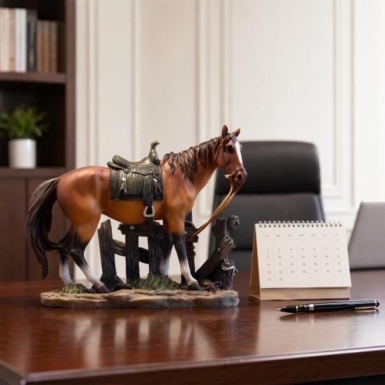 Horse Resin Figurine, Rustic Fence & Galloping Pony Statue Sculpture, Luxury Home Decor for Living Room TV Stand Entryway Wine Cabinet, Unique