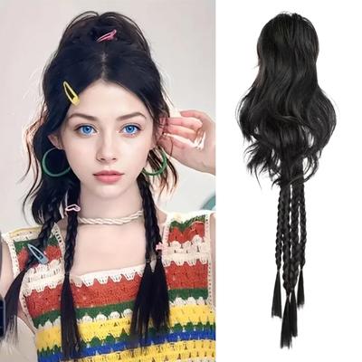 Synthetic Long Hair Braid Ponytail Hair Bun Boxing Braid Wig Claw Clip Half Ponytail Water Wave Extension For Women Wear