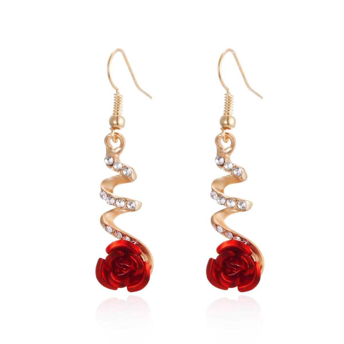 

Elegant Metal Red Rose Flower Drop Earrings For Women Men Vintage Exquisite Rhinestone Spiral Floral Earrings Wedding Jewelry