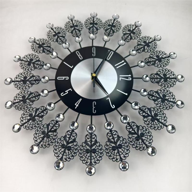 Crystal Leaves Wall Clock None-Ticking Silents Battery Operated Clocks Decorative Wall Clocks for Living Room Decors