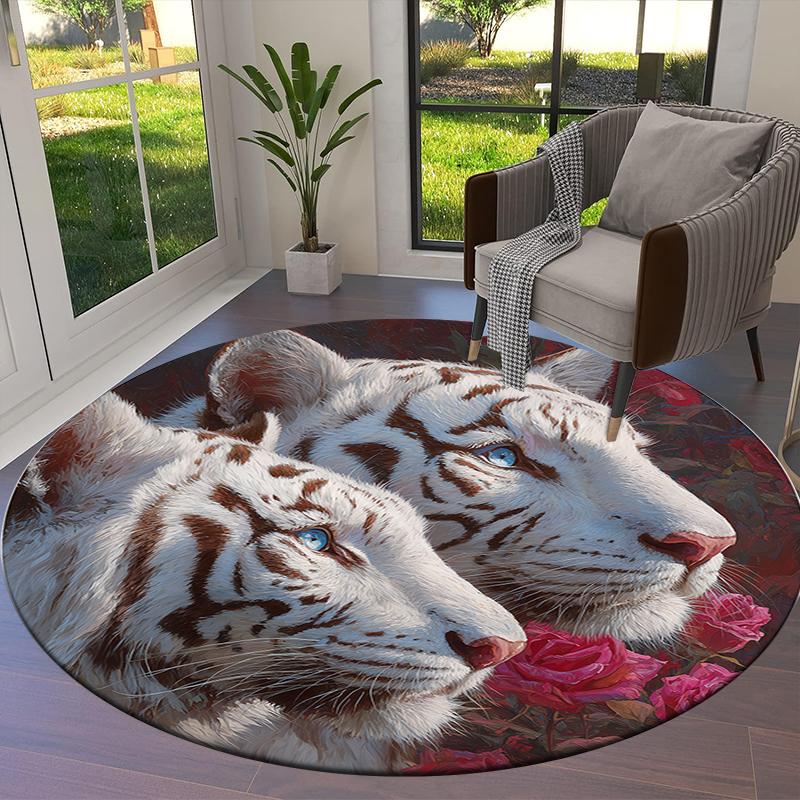 Roses and Tigers, Leopards Round Area Rug,Carpet Rug for Living Room Bedroom Sofa Playroom Decor,Non-slip Floor Mat