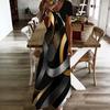 Women Plus Size V Neck Short Sleeve Black Blue Printed Straight Long Dress