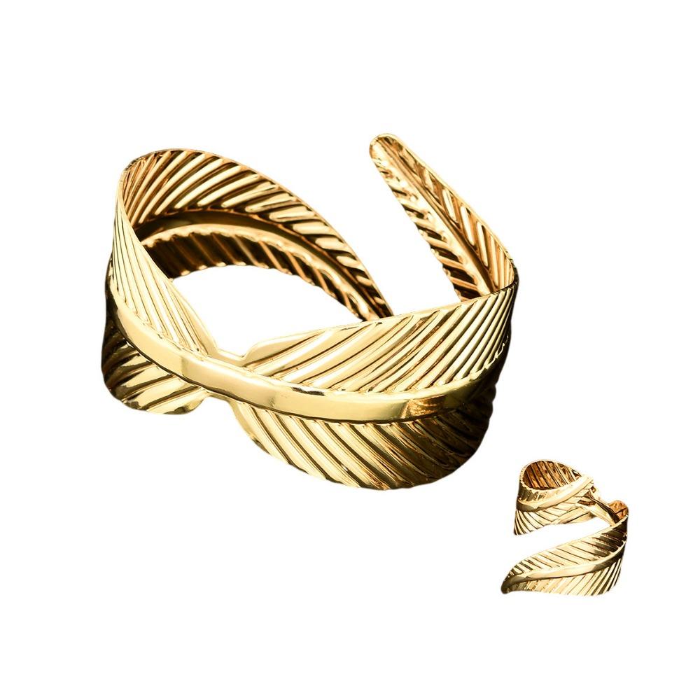 2PC European And American Women's Vintage Leaf Shaped Bangle Ring Set Punk Metal Adjustable Bracelet Party Jewelry Accessory