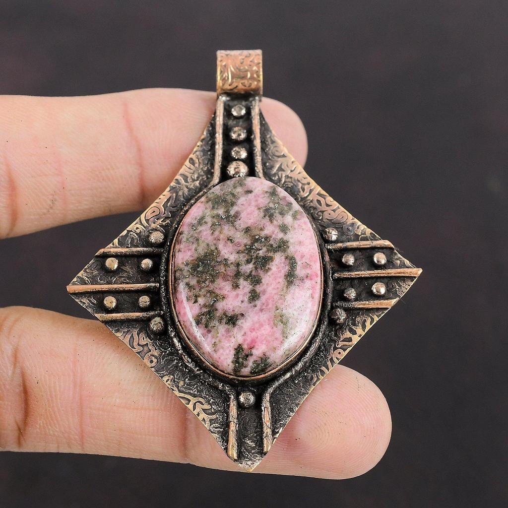 Rhodonite Pendant Copper Pendant Handmade Pendant Rhodonite Jewelry High Quality Gemstone Pendant Unique Copper Design Jewelry Gift For Her