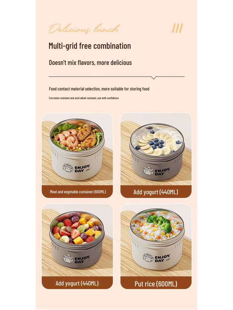 304 Stainless Steel Insulated Japanese-Style Bento Lunch Box - Microwaveable for Office Workers and Students