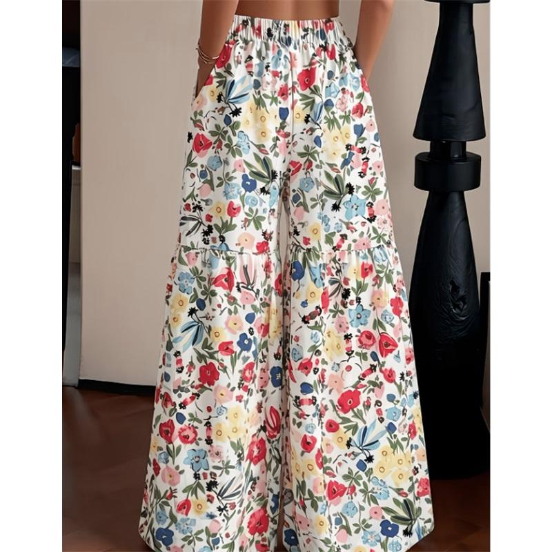 Pantalon Floral d'Été pour Femme, Taille Haute, Ample, Fin, Jambe Large, Élégant, Amincissant, Pantalon Droit Polyvalent